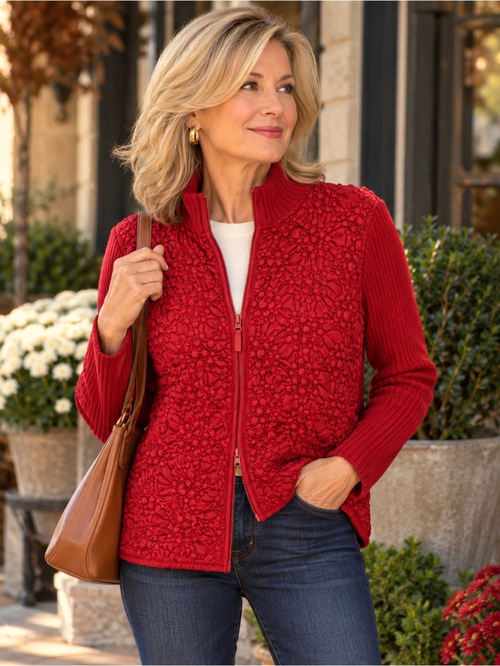 Peter Martin Deep Red Textured Knit Jacket | Zip Front | XL